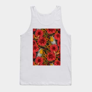 Robins in the autumn garden, red dahlias on black Tank Top